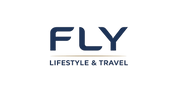 The logo for FLY Lifestyle & Travel, featuring the word 'FLY' in a dark navy blue sans-serif font, with a thin gold horizontal line underneath and 'LIFESTYLE & TRAVEL' in smaller dark blue text below, all centered on a plain white background.